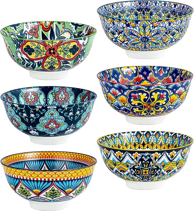 HENXFEN LEAD Boho Cereal and Soup Bowls Set of 6 – 24 oz Colorful Ceramic Bowl for Kitchen, Perfect for Oatmeal, Pasta, Salad, Dessert, Fruit – Microwave & Dishwasher Safe