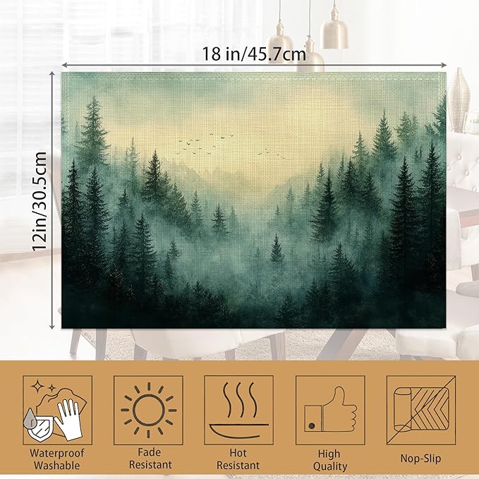 Placemats Set of 6,Misty Mountain Table Mats,Abstract Forest Washable Linen Table Mats,Non-Slip Heat Resistant Placemats for Party Kitchen Dining Indoor Outdoor 12"x18"