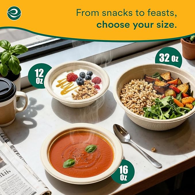 ECO SOUL 100% Compostable 12 Oz Soup Bowls [100-Pack] Disposable Sturdy Bowls I Heavy Duty Paper Bowl I Eco-Friendly Salad Bowl I Biodegradable Small