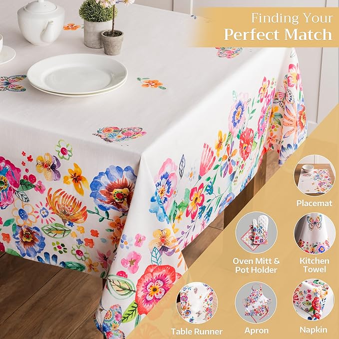 Maison d' Hermine Table Cloth Rectangle Table 100% Cotton 60 x 120 Inches Tablecloth Reusable Decorative for Dining Room Farmhouse Valentines Day Decorations Spring Summer- Happy Florals - High Summer