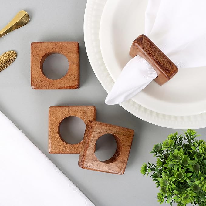 CLEENTABLE Wooden Napkin Rings Set of 12 Fall Decor for Home Square Acacia Wood Napkin Holders for Dining Table Settings Wood Napkin Ring Rustic Table Décor for Weddings, Parties, and Everyday Use