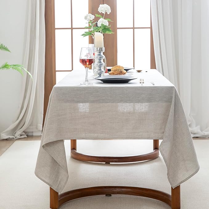EVERLY100% Pure Linen Rectangle Tablecloths 120LX60W Inch for Dining,Buffet Parties,Picnic,Events,Weddings and Restaurants,10ft Table Cloth Thanksgiving Machine Washable Tablecloth-Natural Linen