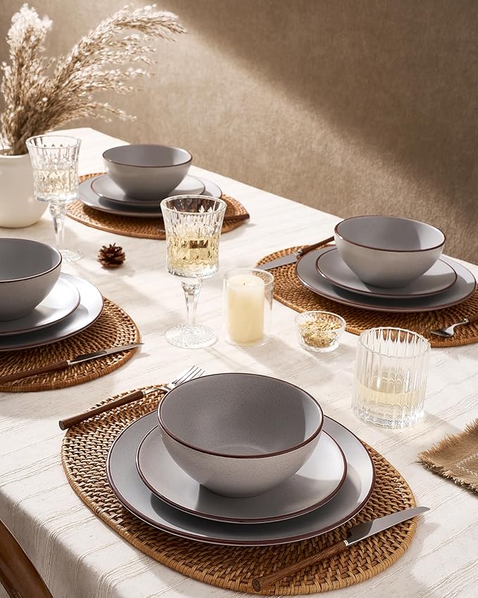 Famiware Venus Plates and Bowls Sets, 18 Pieces Stoneware Dinnerware Sets, Speckled Dishes Set for 6, Microwave and Dishwasher Safe, Matte Light Grey
