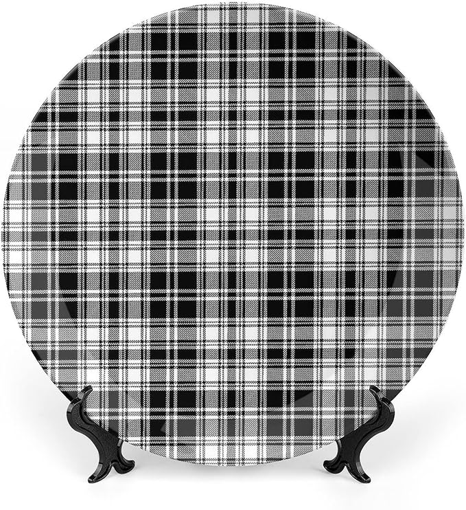 Decorative Plates, Abstract Decor Print Ornament, British Tartan Stripes Pattern, 6 Inch, Kitchen Wall Decor, Black White