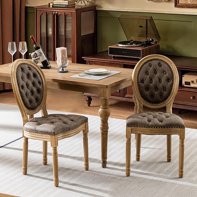 SoarFlash French Dining Chairs Set of 2, Vantage Dining Chair with Round Back, Wood Leg Farmhouse Country PU Leather Dining Chair for Kitchen,Bedroom,Brown