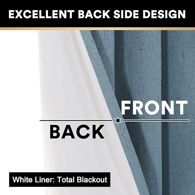 PrinceDeco Blackout Curtains 63 Inch Length Stone Blue Short Blackout Curtains for Bedroom Living Room Anti-Rust Grommet Thermal Insulated with White Liner, 52" W x 63" L, 2 Panels Set