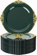 Nervure 100PCS Green and Gold Plastic Plates - 10.25inch Green Disposable Plates - Heavyweight Dinner Plate for Wedding & Party