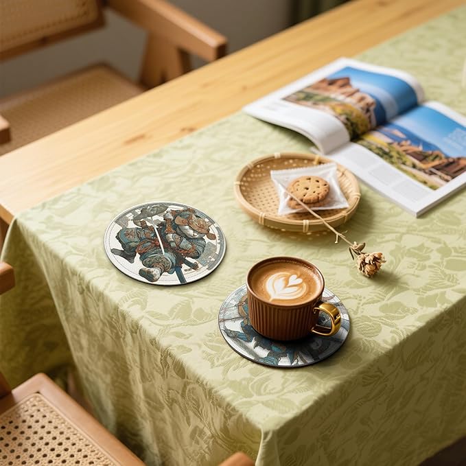 Japanese Cat Coasters Leather Round Drink Coasters 6 Pcs Set with Holderor for Cup Drink Coffee Table Bar Home Decor