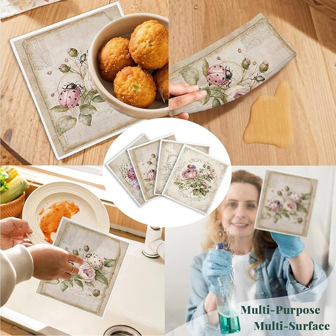 Swedish Dishcloths for Kitchen, Vintage Floral Swedish DishCloths, Papaya Reusable Paper Towels Washable, 4 Pcs Dish Towels for Kitchen Party Home Housewarming Cleaning Cloths