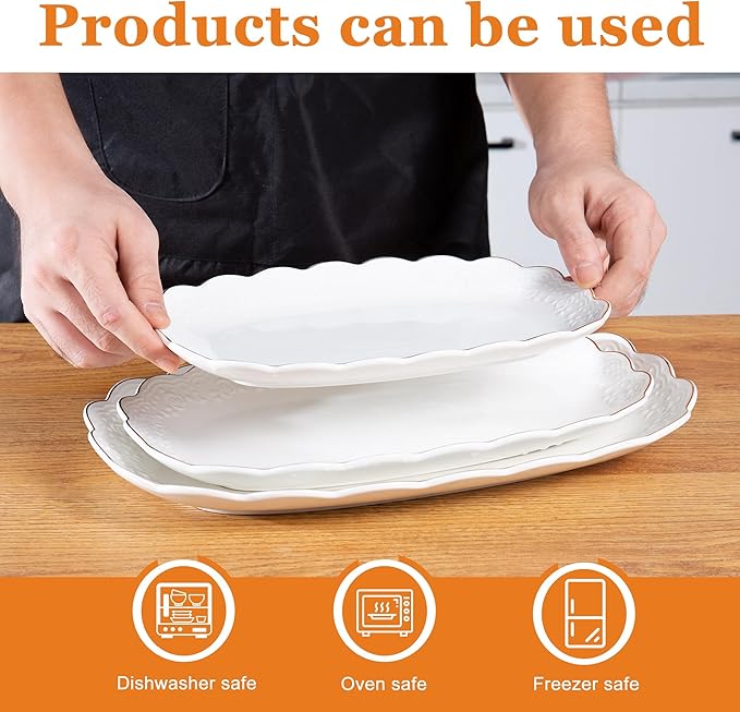 Kassel Ceramic Serving Platter Set | 16”/14”/12” Oval Serving Trays for Entertaining at Parties and Weddings | Oven Safe XL Serving Trays for Tacos, Steak and Cake