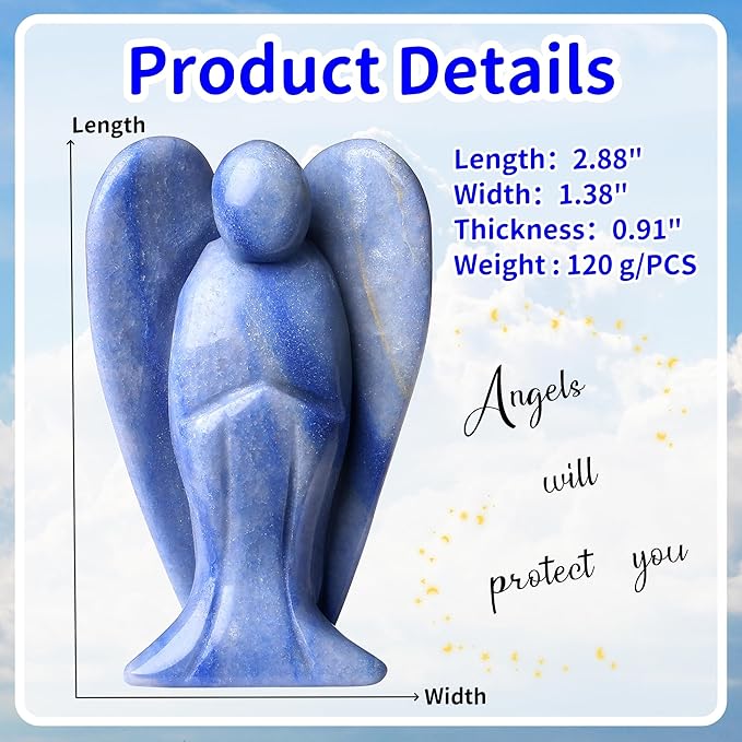 YATOJUZI 3" Blue Aventurine Angel Decor Big Hand-Carved Angels Guardian Sculpture Statue Figurines Natural Crystal Stones and Healing Crystals Home Room Office Desk Decoration Wisdom Gifts for Women