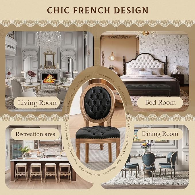 SoarFlash French Dining Chairs Set of 2, Vantage Dining Chair with Round Back, Wood Leg Farmhouse Country PU Leather Dining Chair for Kitchen,Bedroom,Black