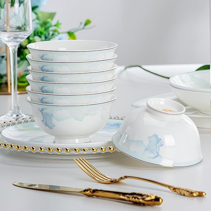 60 Pcs Fine Bone China Dinnerware Set, Porcelain&Ceramic Dinnerware Sets,Bone Stoneware&Ceramic Cookware Tableware Set Includes Dinner Plates|Spoons|Pasta Bowls|Soup Pot|Chopsticks