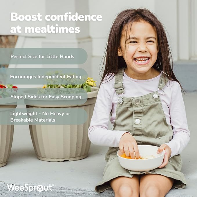 WeeSprout Bamboo Kids Bowls with Lids, Set of Four 15 oz Kid-Sized Bamboo Bowls, Bamboo Kid Bowls with Lids for Leftovers, Dishwasher Safe (Blue, Green, Gray, & Beige)