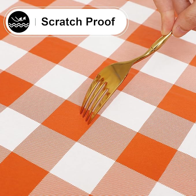 misaya Round Waterproof Vinyl Table Cloth, Buffalo Flannel Backed Tablecloth, Wipeable Plastic Table Cover for Dinner, Kitchen, Picnic (60", Orange and White)