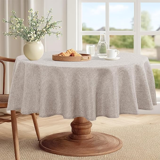 JIUZHEN Round Table Cloth Faux Linen Farmhouse Tablecloth Wrinkle and Stain Resistant Decorative Fabric Table Cover for Kitchen, Dining Room, Parties and Camping, Stone, 120 Inch Round