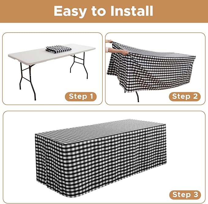 HolidayIdeas Checkered Fitted Table Covers for 8 Foot Tables - 96 x 30 Inch - 2 Pack Rectangle Table Clothes Buffalo Plaid Table Cover for Folding Table, Parties, Picnic, Trade Show (Black and White)