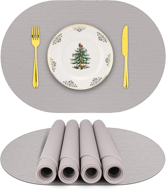 Silicone Placemats, Oval Placemats for Dining Table, Placemats Set of 4, Non-Slip Waterproof Heat Resistant Outdoor Placemat for Patio Table (Light Gray-Oval)