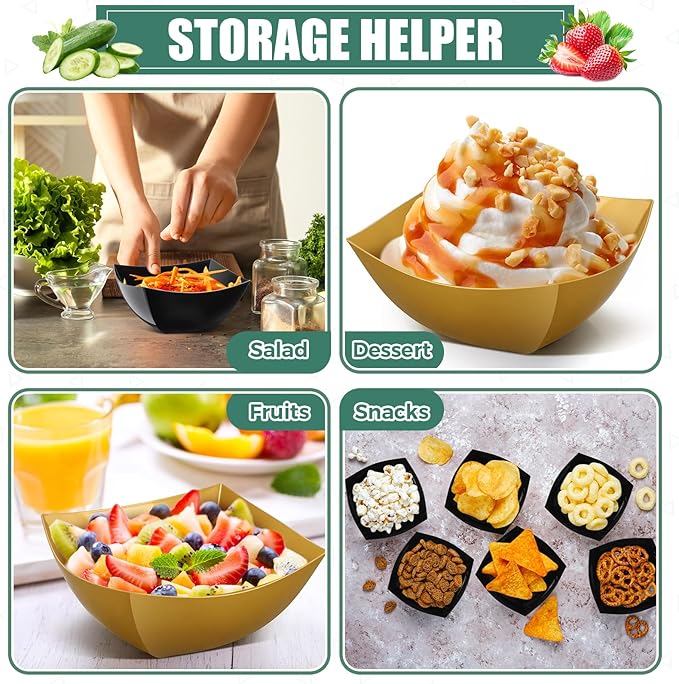 Sliner 100 Pcs Square Plastic Bowls Plastic Serving Bowls Disposable Chip Containers for Parties Snack Fruit Candy Containers for Candy Buffet Salad Bar Buffet Party Supplies (Gold,Black,8 oz)