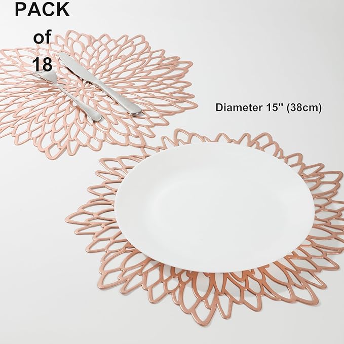 Snowkingdom 18 Pack Rose Gold Placemats Bulk Metallic Pressed Vinyl for Mother's Day Dinning Table Decoration Floral Mats Round Floral Charger Decoration for Weddings Christmas Holiday