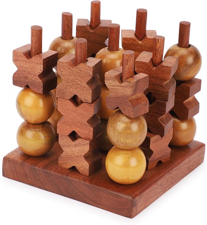 Ajuny 3D Wooden Tic Tac Toe Board Game for Indoor, Outdoor, Travel Rustic Coffee Table Decor Games - Ideal Gift for All Ages Strategy 2 Players Night, Family Game
