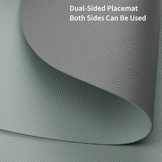 Myir JUN Round Placemats Set of 6 Faux Leather Place Mats and Coasters 15 inch Round Table Mats Dual Sided Non-Slip Stain Resistant Placemats (Gray & Sage Green, Set of 6)