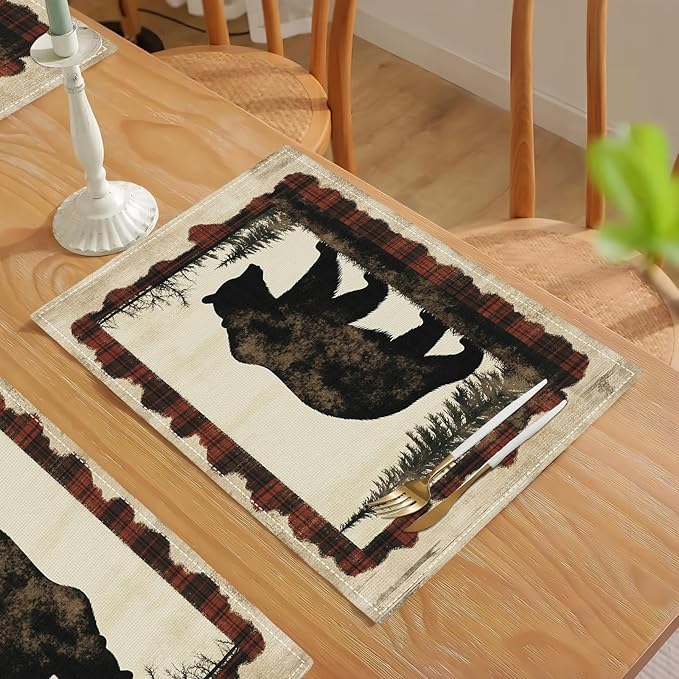Bear Placemats Set of 6, Farmhouse Cabin Place Mats, Country Rustic Wild Animal Waterproof Washable Table Mats for Home Party Indoor Kitchen Dining Table Decoration 12x18 Inch