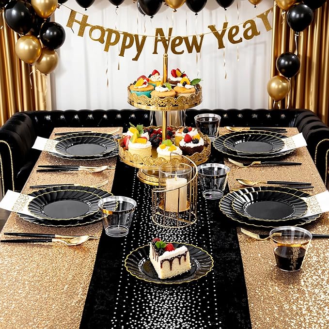 Ciaell 175 PCS Black Scalloped Plastic Plates with Gold Trim - Black Plastic Silverware with Handle - Fancy High-End Dinnerware Sets for Wedding & Party