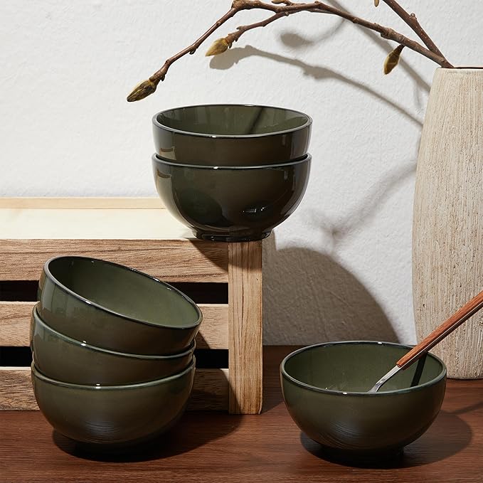 5.3" Cereal Bowls & Dessert Bowls Set of 6-20 Oz Small Bowls for Kitchen-Ceramic Bowl for Cereal, Soup, Oatmeal, Salad, Ramen, Noodle, Rice, Yogurt-Dishwasher & Microwave Safe, Blackish Green