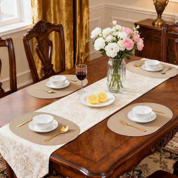 Oval Placemats for Dining Table Set of 2, Washable Leather Table Mats, Waterproof Heat-Resistant Non-Slip Kitchen Placemats, Simple Style Oval Design