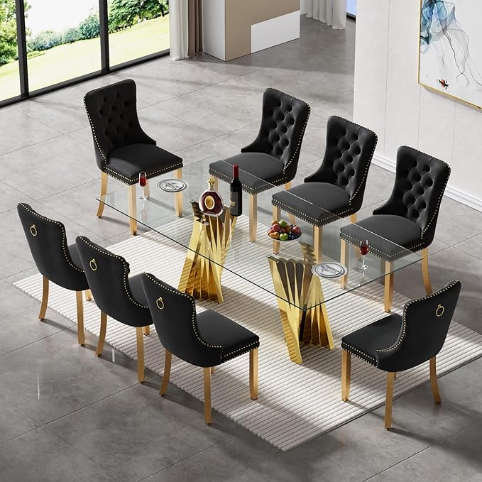 SSLine Modern 70" Glass Dining Table Set for 8, Kitchen Dinner Table Set with Stainless Steel Base and 8 Velvet Dining Chairs