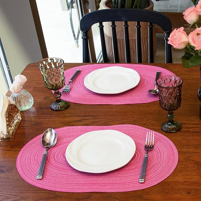 Noctiflorous Oval Braided Placemats Set of 4 Woven 12x18 Inch Non Slip Washable Heat Resistant Place Mats Tablemats for Dining Kitchen Party Daily Table Decor Dinner Mats (Hot Pink, 4)