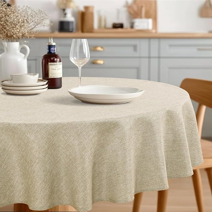 JIUZHEN Round Table Cloth Faux Linen Farmhouse Tablecloth Wrinkle and Stain Resistant Decorative Fabric Table Cover for Kitchen, Dining Room, Parties and Camping, Beige, 80 Inch Round