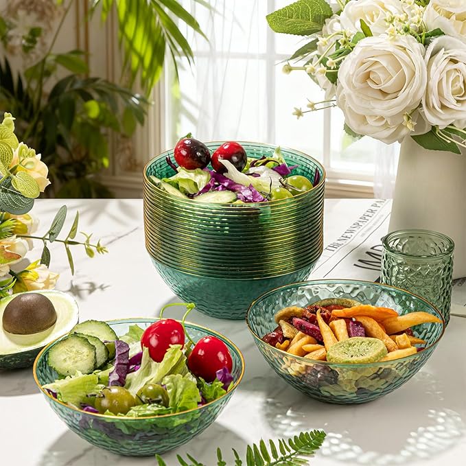 Rubtlamp 30 Pack Clear Green Disposable Bowls, Clear Plastic Bowls with Gold Rim, 12-16oz Premium Heavy Duty Plastic Dinner Bowls for Party&Holiday