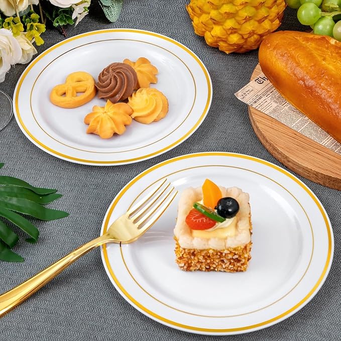 WELLIFE 120 PCS Plastic Dessert Plates and 120 PCS Forks, 6.3 inch Disposable Salad Plate, Premium White Appetizer Plates with Gold Rims Perfect for Party and Wedding