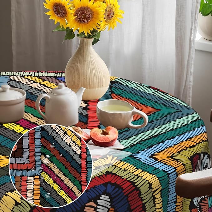 Laeacco 60 Inch Colorful Patchwork Round Tablecloth Woven Geometric Pattern Abstract Art Print Table Cloth Washable Waterproof Wrinkle Free Table Cover for Kitchen Dining Picnic Party Decoration