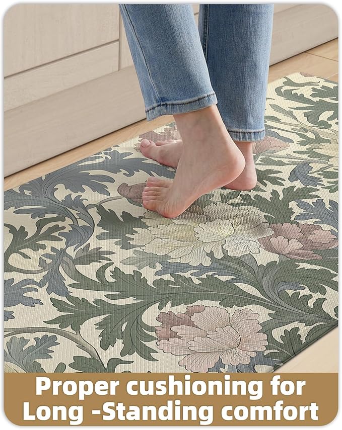 Color&Geometry Floral Kitchen Mat 24"x59", Anti Fatigue Mats for Kitchen Floor, Kitchen Rugs Non Slip, Waterproof & Oil Proof Kitchen Runner for Standing Desk Office, Sink - Floral Beige