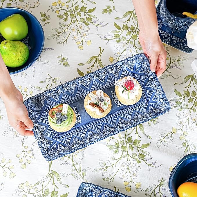 Sungmor Embossed Stoneware Fine Dining Dinnerware, Antique Baroque Style 14" Long Rectangular Porcelain Serving Platter Set of 2, Sophisticated Ceramic Dish for Party Cookies, Fruit, Cheeses & Dessert
