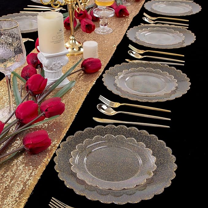 LIYH 60 Pcs Gold Glitter Plastic Scalloped Plates - Disposable Heavyduty Combo Plastic Plates Dishes Included 30 Dinner Plate 30 Dessert Plate for Weddings Party Birthday