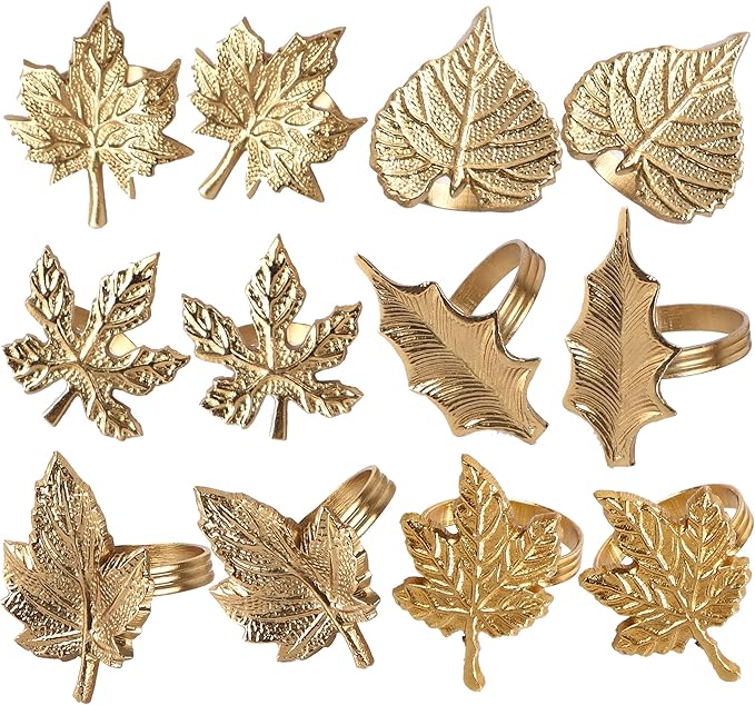 CLEENTABLEThanksgiving Napkin Rings Set-12 Pcs Fall Napkin Holders Metal Leafs Rings Holders Buckle Table Decor for Autumn Thanksgiving Halloween Wedding Home Party Supplies Antique Gold