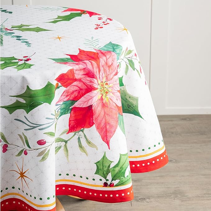 Maison d' Hermine Table Cloth Round Table 100% Cotton 69 Inches Fall Tablecloth Reusable Everyday Use for Thanksgiving Christmas Decorations Dining Farmhouse Party (Poinsettia Christmas)