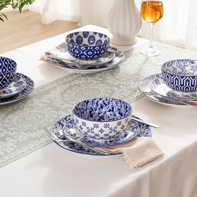 Sweejar Plates and Bowls Set for 4, 12 Pieces Handmade Ceramic Dinnerware Sets, Highly Scratch Resistant Dishes Set for Kitchen, Porcelain Dishwasher & Microwave Safe Dishes Set (Vintage Blue)