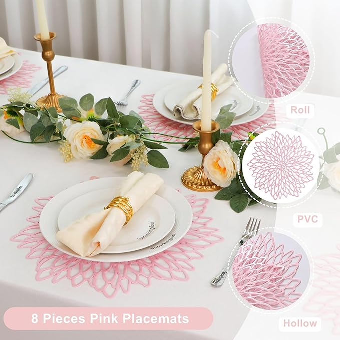 Snowkingdom Pink Placemats Set of 8, Round Vinyl Pink Flower Place Mats 15 Inch Fancy Dinning Floral Table Mats for Wedding Birthday Baby Shower Easter Halloween Christmas Holiday Party Decoration