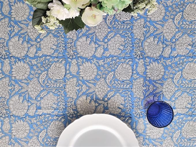 ATOSII Azora Blue 100% Cotton Rectangle Fall Tablecloth, Handblock Floral Print Linen Table Cloth for Kitchen Dining I Parties, Outdoors, Christmas, Thanksgiving I 72 X 140 Inches I 12 Seater