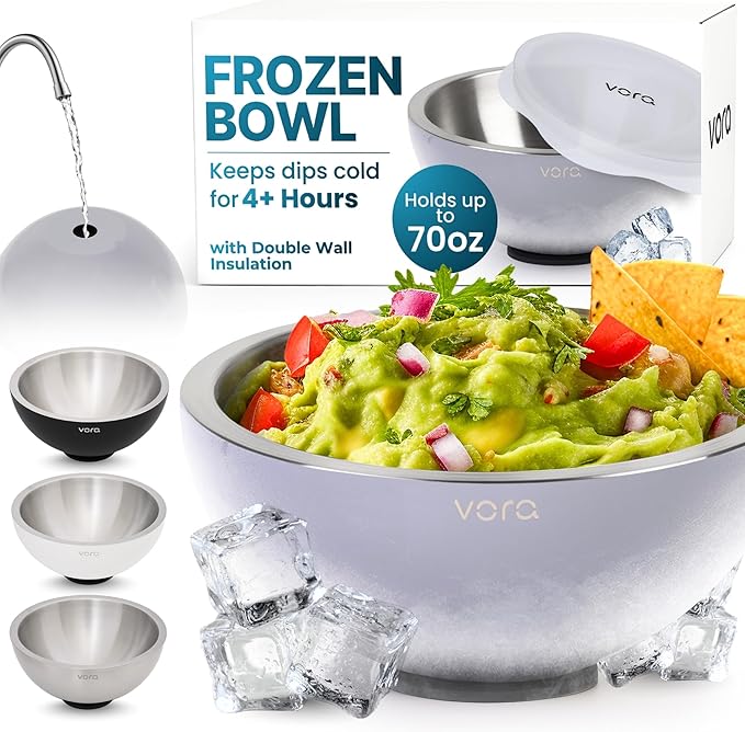 Vora 70oz Dip Chiller Bowl with Lid | Iced Grey Stainless Steel Chilled Dip Bowl for Dips, Guacamole, Hummus, Salsa | Insulated Serving Dishes with Easiest Water Fill & Refillable Chamber