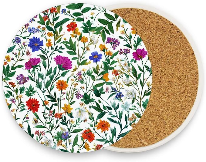 Coasters for Drinks Coaster Drink Set Decorative Coffee Table Desk Cup Mat Spring Cute Cork Bar Backing Round Home Decor Green Leaf Floral Herb06