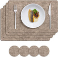 MOSAYT Placemats Set of 4, Heat Resistant Vinyl Place Mats with Coasters, 100% Waterproof Wipeable Washable Faux Leather Table Mats for Kitchen Dining Party Indoor Outdoor, 12" x 17", Khaki