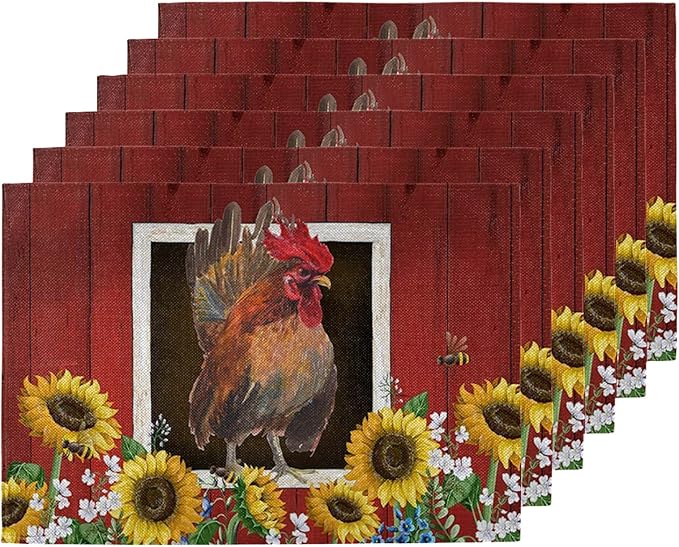Watercolor Red Barn Cock Placemat Set of 6, Rooster Sunflowers Heart Heat-Resistant Washable Table Place Mats for Kitchen Dining Table Decoration