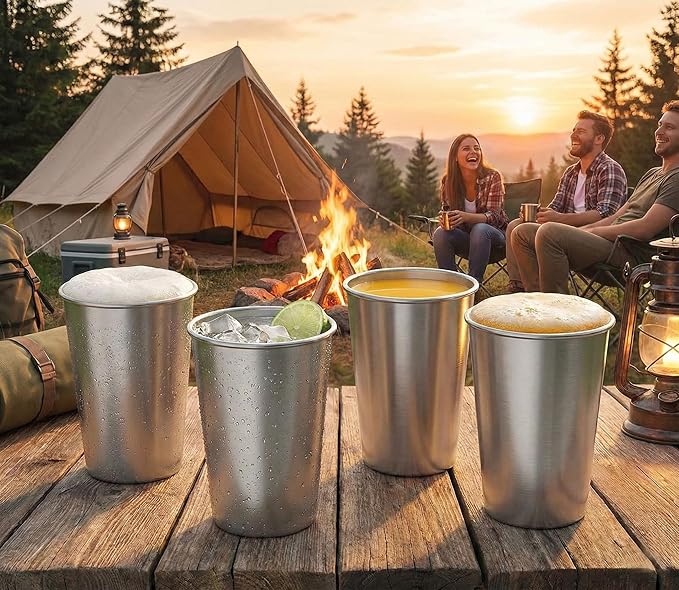 Stainless Steel Pint Cups Water Tumblers 16 oz - Unbreakable, BPA Free, Stackable Premium Quality 18/18 Metal Drinking glasses for Home & Outdoor Activities, Picnic, Travel & Camping (4-Pack)