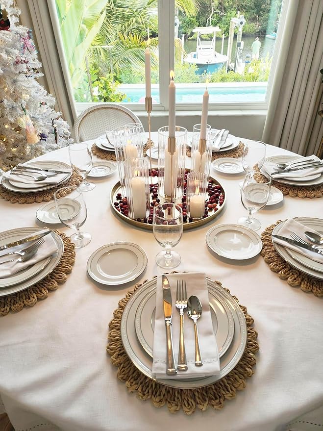 13.8" Round Corn Husk Placemats | Boho Woven Rattan Table Mats | Natural Spring Farmhouse Plate Chargers | Handmade Rustic Wicker Place Mats for Christmas Wedding (Set of 4)